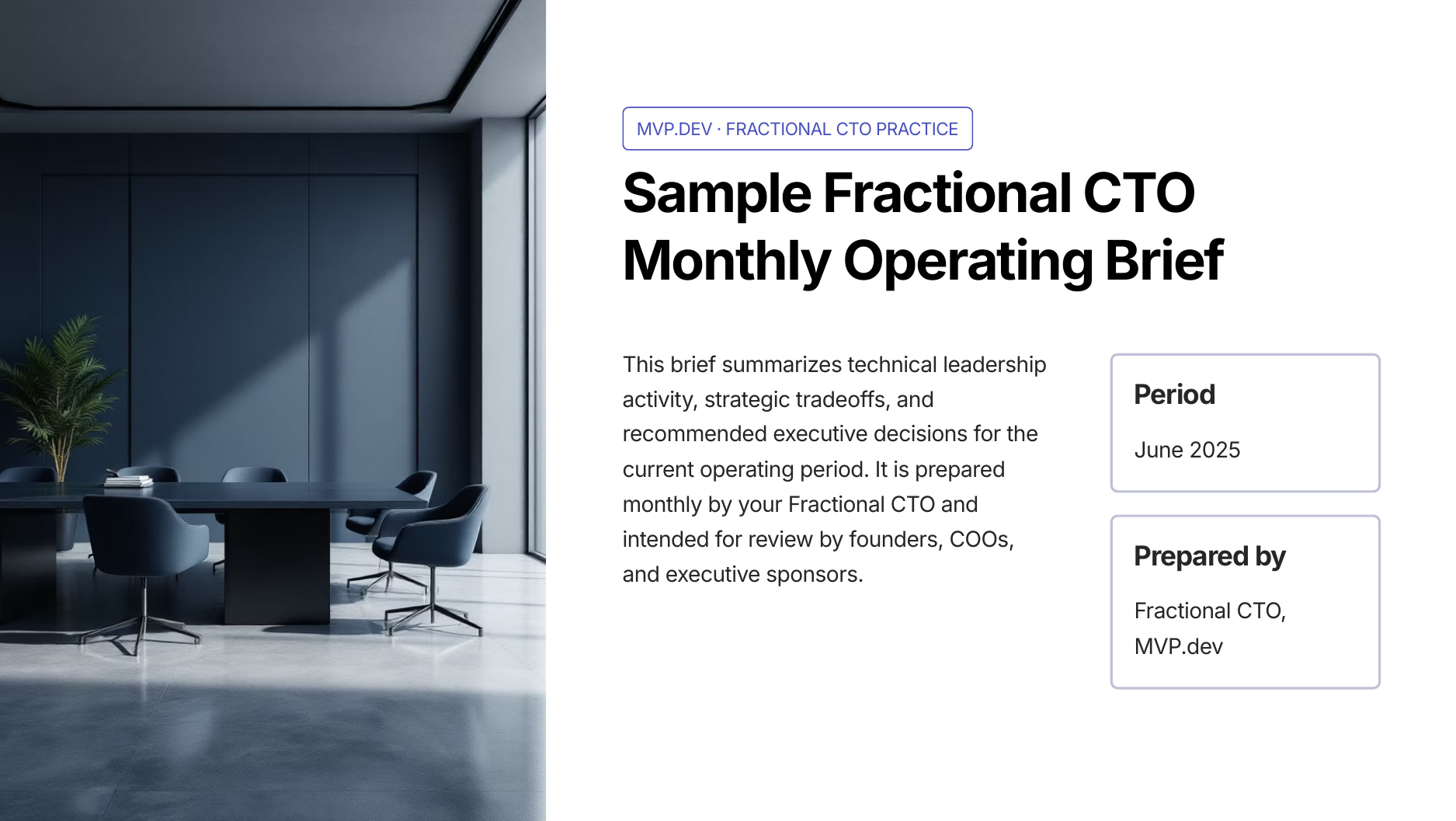 Gamma-designed monthly technical leadership brief showing Fractional CTO output