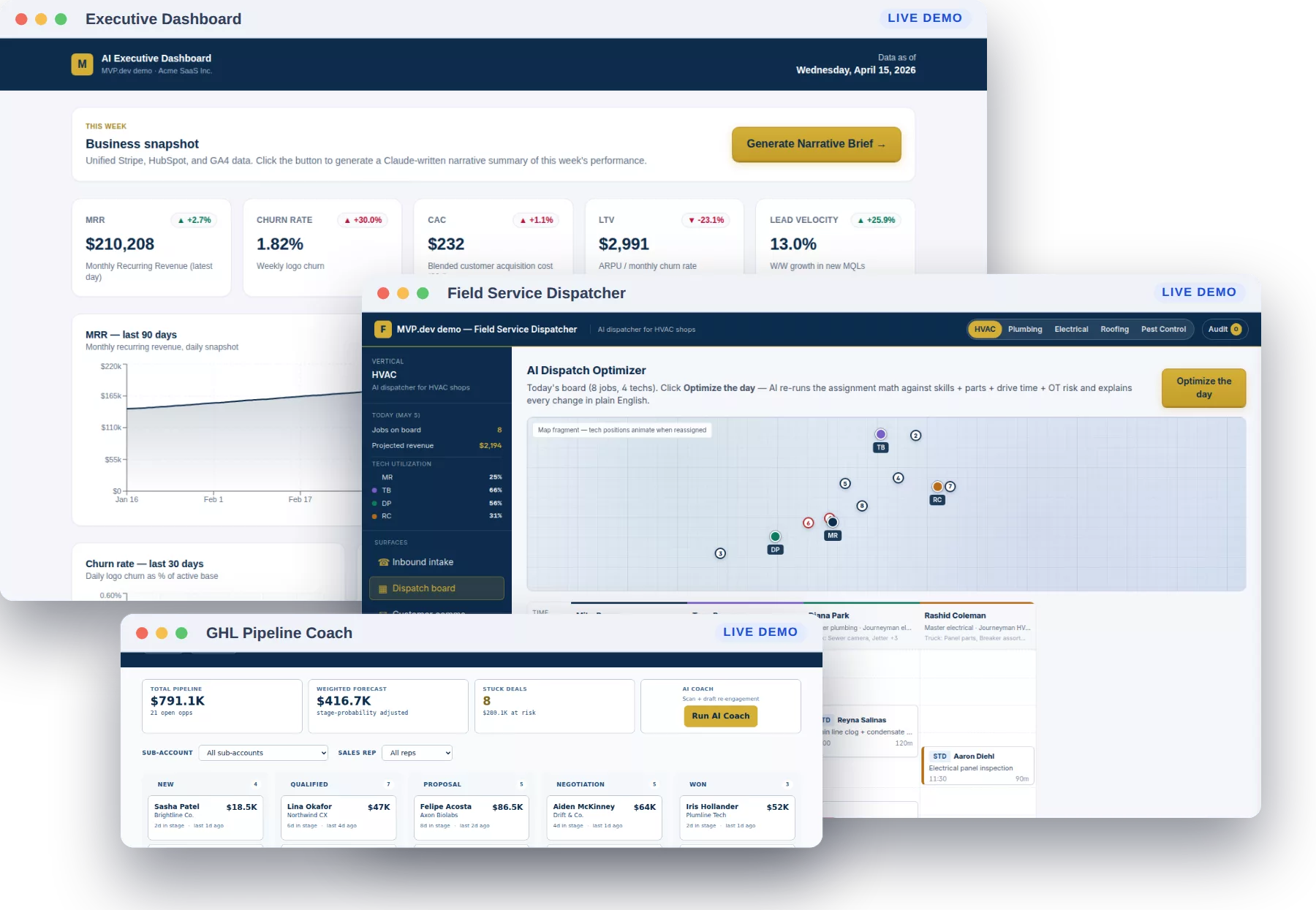 Three of our live demo apps: an executive dashboard, a field service dispatcher, and a GoHighLevel pipeline board
