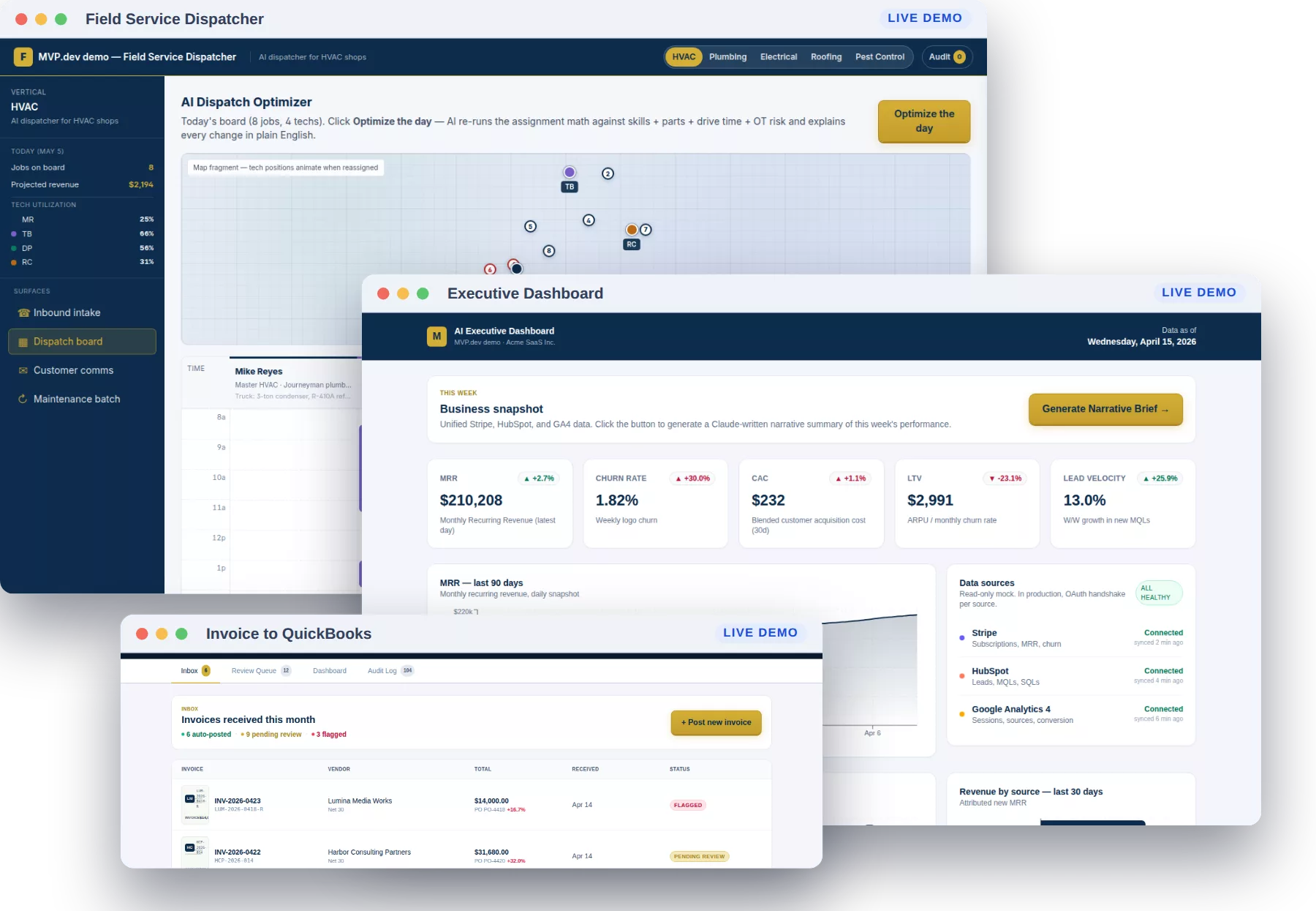 Three of our live demo apps: a field service dispatcher, an executive dashboard, and an invoice-to-QuickBooks inbox
