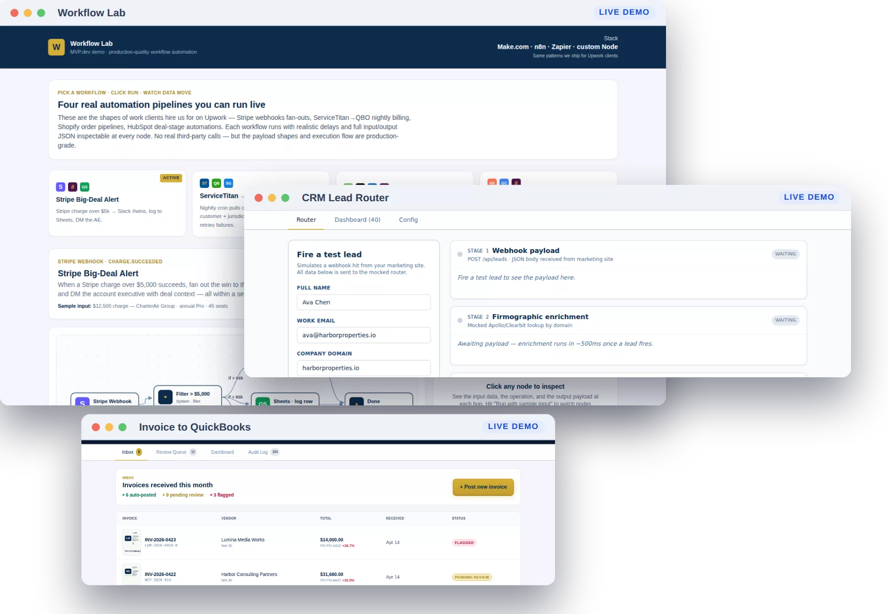 Three of our live demo apps: an automation workflow builder, a CRM lead router, and an invoice-to-QuickBooks inbox